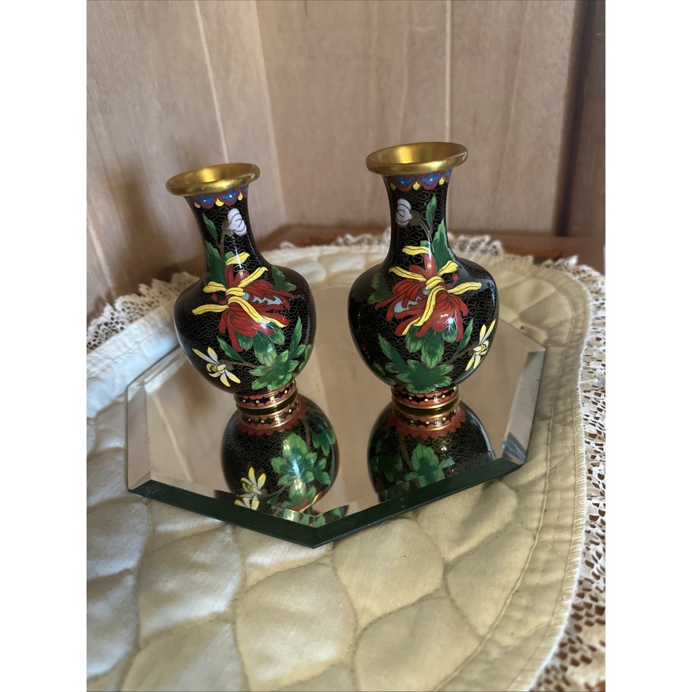 CHINESE CLOISONNÉ - BLACK VASE PAIR LOT OF 2 FLORAL PLANT BRASS VINTAGE